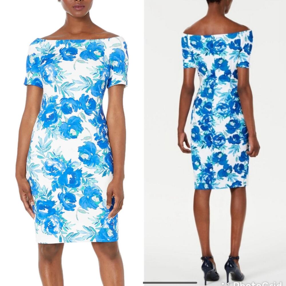 Calvin Klein White & Blue Off Shoulder Floral Regatta Dress